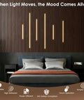Bedroom with Six Piece Slat Wall Light Kit For Wood Panels With Adhesive Black LED Strips, shown as dimmable warm lighting, installed on wall