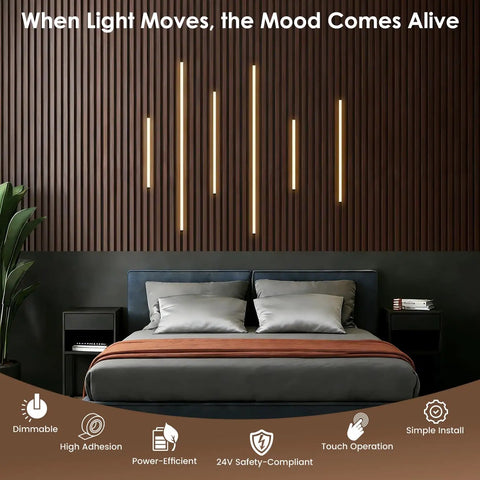 Bedroom with Six Piece Slat Wall Light Kit For Wood Panels With Adhesive Black LED Strips, shown as dimmable warm lighting, installed on wall
