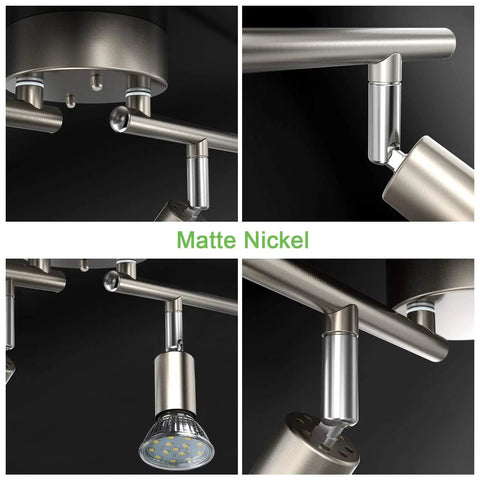 Detail views of 4 Light Track Lighting Kit with 24.8 Inch Matte Nickel Bar and Flexible Rotatable Heads, showing sleek modern fixture