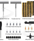 Heavy Duty Tire Repair Kit With Screw Plugs And T Handle, showing tools and accessories for flat tire repair on various vehicles.