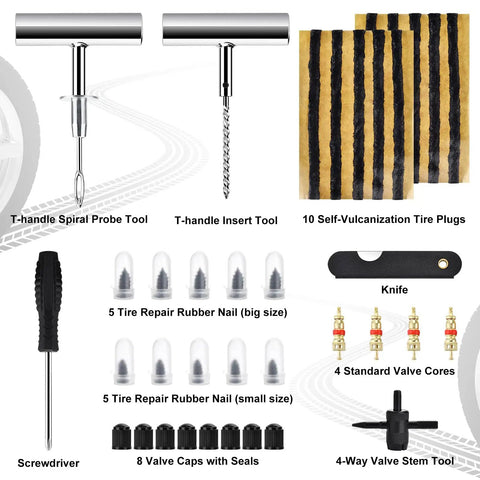 Heavy Duty Tire Repair Kit With Screw Plugs And T Handle, showing tools and accessories for flat tire repair on various vehicles.
