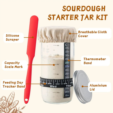 Ultimate Sourdough Starter Kit For Home Bakers With 9 Inch Round And 10 Inch Oval Banneton Proofing Baskets, cooling rack, starter jar with thermometer band, silicone scraper, cloth cover, and aluminum lid.
