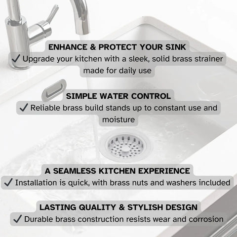 Big Post Style Brass Kitchen Sink Basket Strainer With White Powder Coat Finish in modern sink with text highlights