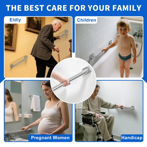 Stainless Steel Bathroom Grab Bar 18 Inch Handrail ADA Compliant Heavy Duty 500 Lb Safety Grabbing Bar in use by elderly, children, pregnant women, and handicap individuals in various settings.