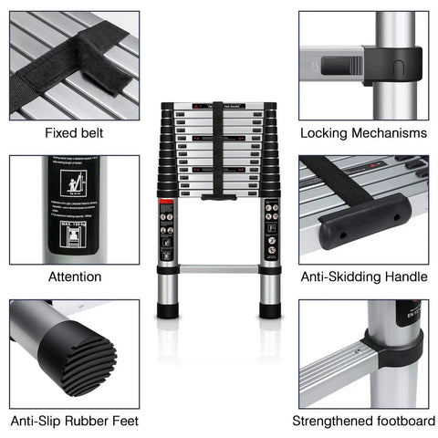 Detailed images of Aluminum Telescoping Extension Ladder 12.5 ft With Locking Mechanism, Heavy Duty Collapsible Ladder features.