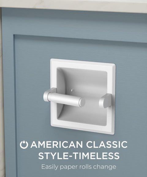 Recessed In Wall Toilet Paper Holder Built To Last Slick Stainless Steel Tissue Roll Dispenser with white finish installed.