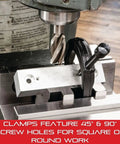 V Block Clamp For Metalworking With 45 And 90 Degree Tap Holes For Round And Square Workpieces Beefy Hardened Steel Construction Built Tough For Stable Layout Drilling And Inspection, clamped in a milling vise