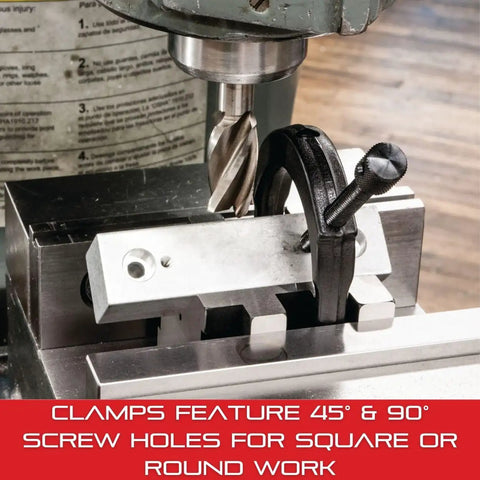 V Block Clamp For Metalworking With 45 And 90 Degree Tap Holes For Round And Square Workpieces Beefy Hardened Steel Construction Built Tough For Stable Layout Drilling And Inspection, clamped in a milling vise