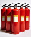 Front view of red fire extinguishers with 15 Pack Self Adhesive Monthly Inspection Stickers Waterproof 3 By 5 Inches Fire Extinguisher Maintenance Labels And Tags For Safety Records Quality Control And Compliance applied.