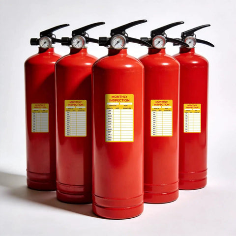 Front view of red fire extinguishers with 15 Pack Self Adhesive Monthly Inspection Stickers Waterproof 3 By 5 Inches Fire Extinguisher Maintenance Labels And Tags For Safety Records Quality Control And Compliance applied.