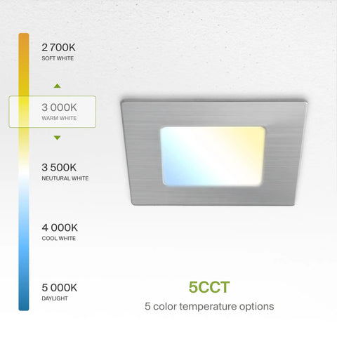3000K setting on 6 Pack 3 Inch Square LED Recessed Lights Canless Ultra Thin Dimmable Ceiling Fixture with brushed nickel finish