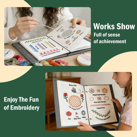 Beginner Embroidery Stitch Book with Detachable Fabric Panels open with colorful patterns and threads, women using kit