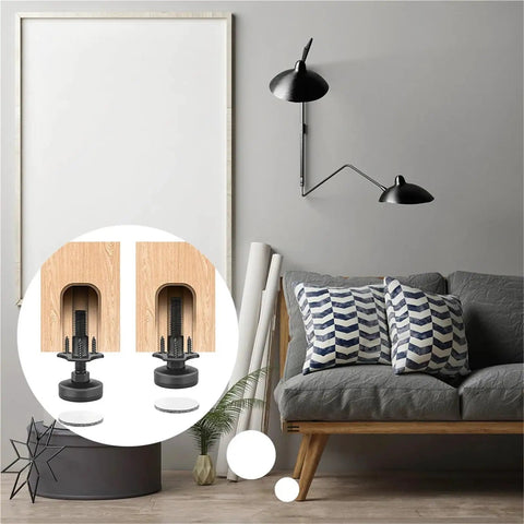 4 Pack Adjustable Leveling Feet For Cabinets And Tables With T Nut Kit Beefy Heavy Duty Furniture Levelers shown in living room setup