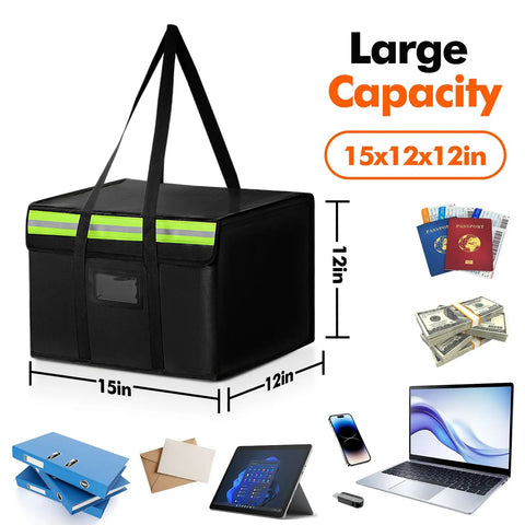 Extra Large Fireproof Document Bag Waterproof Safe Storage For Cash Jewelry Photos And Valuables 15x12x12in With Reflective Strip