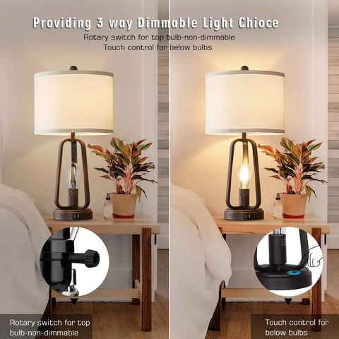 Farmhouse Rustic Table Lamp Set Of 2 With USB Port And 3 Way Dimmable Touch Lamps Bedside Lamps With Rotary Switch Industrial Birdcage Style For Bedroom Or Living Room Bulbs Included