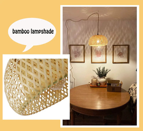 Plug In Pendant Light With Rattan Woven Lampshade And Hemp Rope Cord, Dimmable Switch, 14 Foot Hanging Lamp, Bamboo Design