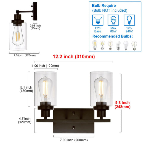Two Light Industrial Wall Mount Sconces In Oil Rubbed Bronze With Clear Glass Shades dimensions diagram
