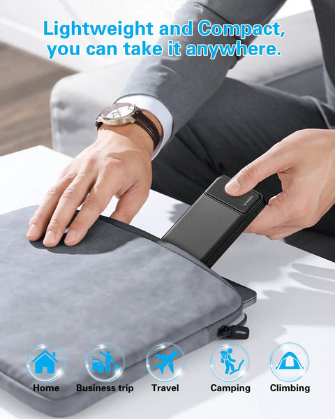 A person placing a Two Pack 10000mAh Portable Charger Power Bank With Dual USB Ports into a sleek pouch for travel use.