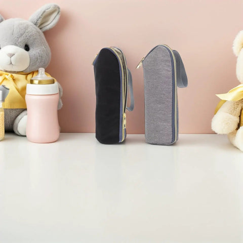 Legit Gotta Have 2 Piece Insulated Baby Bottle Carrier Tote With Stroller Hook in black and gray for portability.