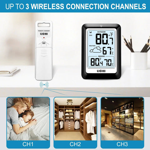 Indoor Outdoor Wireless Weather Station With Real Time Indoor And Outdoor Thermometer And Hygrometer, Battery Operated Display