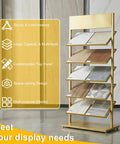 Five Tier Swatch Sample Storage Rack In Gold, Heavy Duty Metal Frame With Dense Wire Mesh, Stable Build For Ceramics, Glass, Building Materials, Space Saving Display Stand For Pro Grade Showcases, 67x35x150 cm