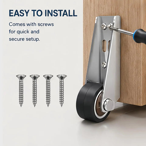 Tough As Nails Vertical Track Rollers With Smooth Rolling Bottom Wheels, fastened with screws for easy installation.