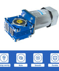 Bemonoc 120W AC worm gear reducer motor with speed controller, 14mm output shaft, blue housing side view