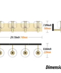 Dimension diagram of Vintage Brushed Brass Vanity Light With Clear Glass Globe Lampshades, 29 Inch 4 Light Bathroom Fixture, G9 Bulb Compatible