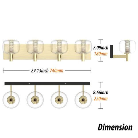 Dimension diagram of Vintage Brushed Brass Vanity Light With Clear Glass Globe Lampshades, 29 Inch 4 Light Bathroom Fixture, G9 Bulb Compatible