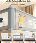 Queen Size Toddler Bed Guard Rails 3 Pack With Headboard Rod, Height Adjustable 2 To 13 Inches, shown setup on different mattress thicknesses