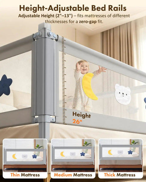Queen Size Toddler Bed Guard Rails 3 Pack With Headboard Rod, Height Adjustable 2 To 13 Inches, shown setup on different mattress thicknesses