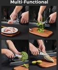 Beefy Heavy Duty Poultry Shears With Anti Slip Handle And Safety Lock Spring Loaded Kitchen Scissors For Meat Chicken Turkey Bone And Fish Dishwasher Safe Corrosion Resistant Stainless Steel cutting chicken, herbs, broccoli and fish