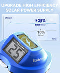 Floating Solar Pool Thermometer With Digital Readout, IPX7 Waterproof, showing upgrade efficiency chart, Baldr brand.