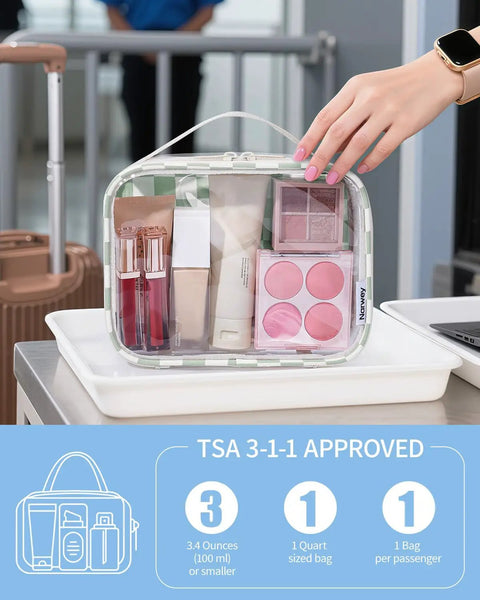 TSA Approved Clear Toiletry Bag For Carry On, Waterproof PVC Cosmetic Organizer in mint green checkerboard at security checkpoint