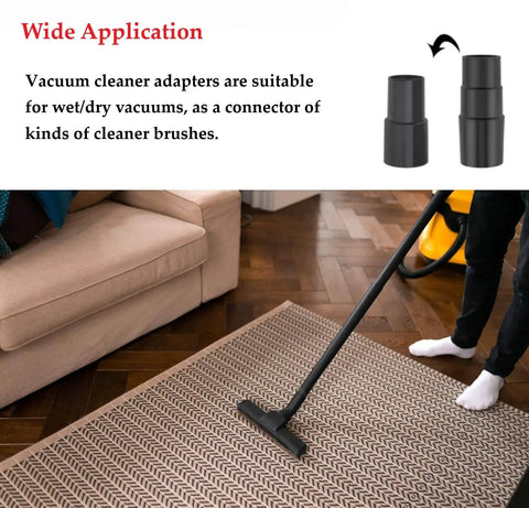 Person using vacuum on rug with Universal Vacuum Hose Adapter For Wet Dry Vacuum Cleaners Converts 2-1/2 To 1-1/4 Inch