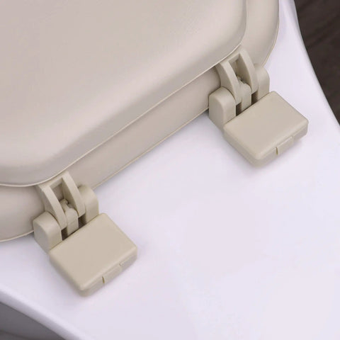 Close-up of hinges on Champagne Elongated Soft Cushioned Toilet Seat With Plush Vinyl Cushion For Ultimate Bathroom Comfort