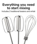 Hamilton Beach 6 Speed Electric Hand Mixer With Quick Burst And Bowl Rest Snap On Storage Case holds two beaters and a whisk in stainless steel.