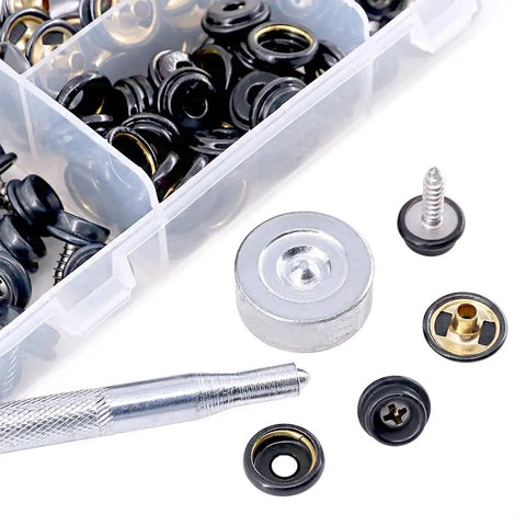Beefy All Weather Marine Grade Canvas And Upholstery Boat Snap Button Fastener Kit With Brass Nickel Plated Snaps And Stainless Steel Screws, 40 Sets With Setting Tools, Durable Black