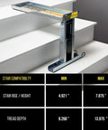 Ladder Aide Pro Foldable Ladder Leveler And Stabilizer For Single And Extension Ladders displayed on stairs, with size chart.