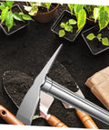 Stainless Steel Garden Hoe For Weeding And Planting Handy All Purpose Hand Hoe Tool with plants, soil, and gardening tools