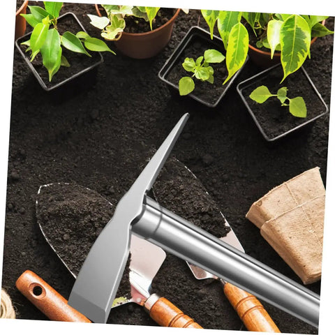 Stainless Steel Garden Hoe For Weeding And Planting Handy All Purpose Hand Hoe Tool with plants, soil, and gardening tools