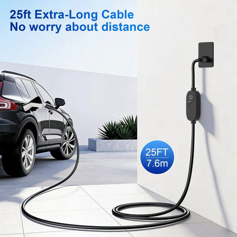 Portable Level 1 And 2 EV Charger With 25Ft Cable For On The Go And J1772 Plug connected to car