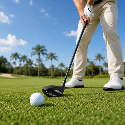 Golfer using 21 Degree Hybrid Golf Club For Maximum Forgiveness And A Big Sweet Spot, Delivers Straight Power on green course