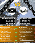 Comparison of Mn Alloy Steel Grade 80 EP Black chain versus Carbon Steel Grade 70 Black Oiled chain