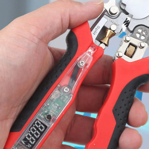Close-up of Rugged Pliers Cable Stripper And Wire Cutter With Built In Voltage Tester LED Work Light in hand