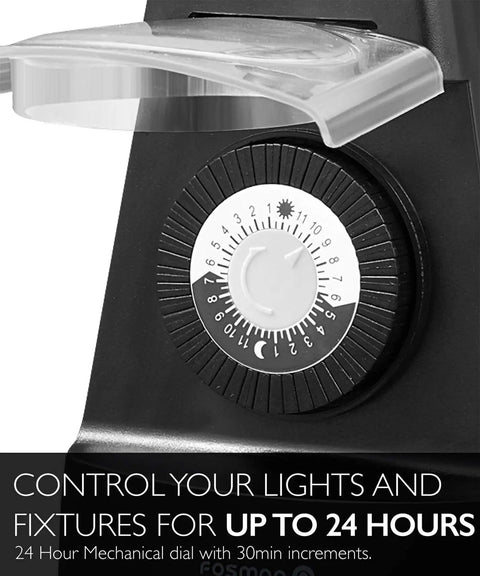 Close-up of Outdoor Dual Timer Outlet Waterproof 24 Hour Mechanical Light Timer showing 24-hour dial and weatherproof cover.