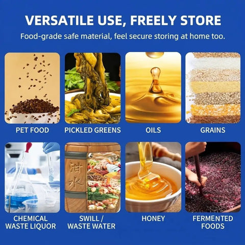 Versatile use chart showing storage options like pet food, pickled greens, oils, grains, and more for Open Top Plastic Water Barrels.