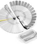 Two-piece stainless steel feeler gauge set with 32 straight and 16 offset blades, SAE & metric.