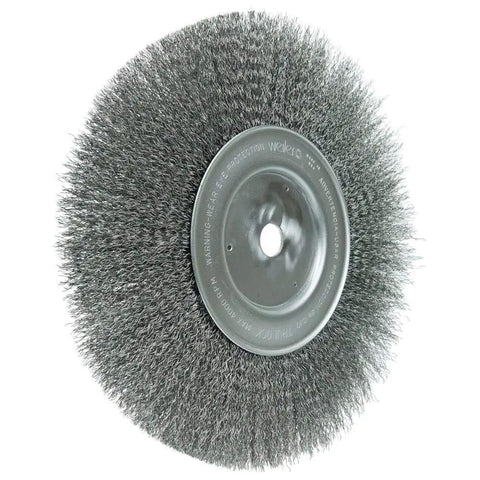 Beefy 10 Inch Narrow Face Crimped Wire Wheel With 0.0118 Inch Steel Fill And Three Quarter Inch Arbor For Straight Grinders Bench Grinders And Buffing Lathes Made In The USA, showing side view