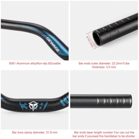 Trail Ready 31.8mm MTB Riser Handlebar details including non-slip finish, 6061 aluminum alloy, 22.2mm bar ends, 780mm width.